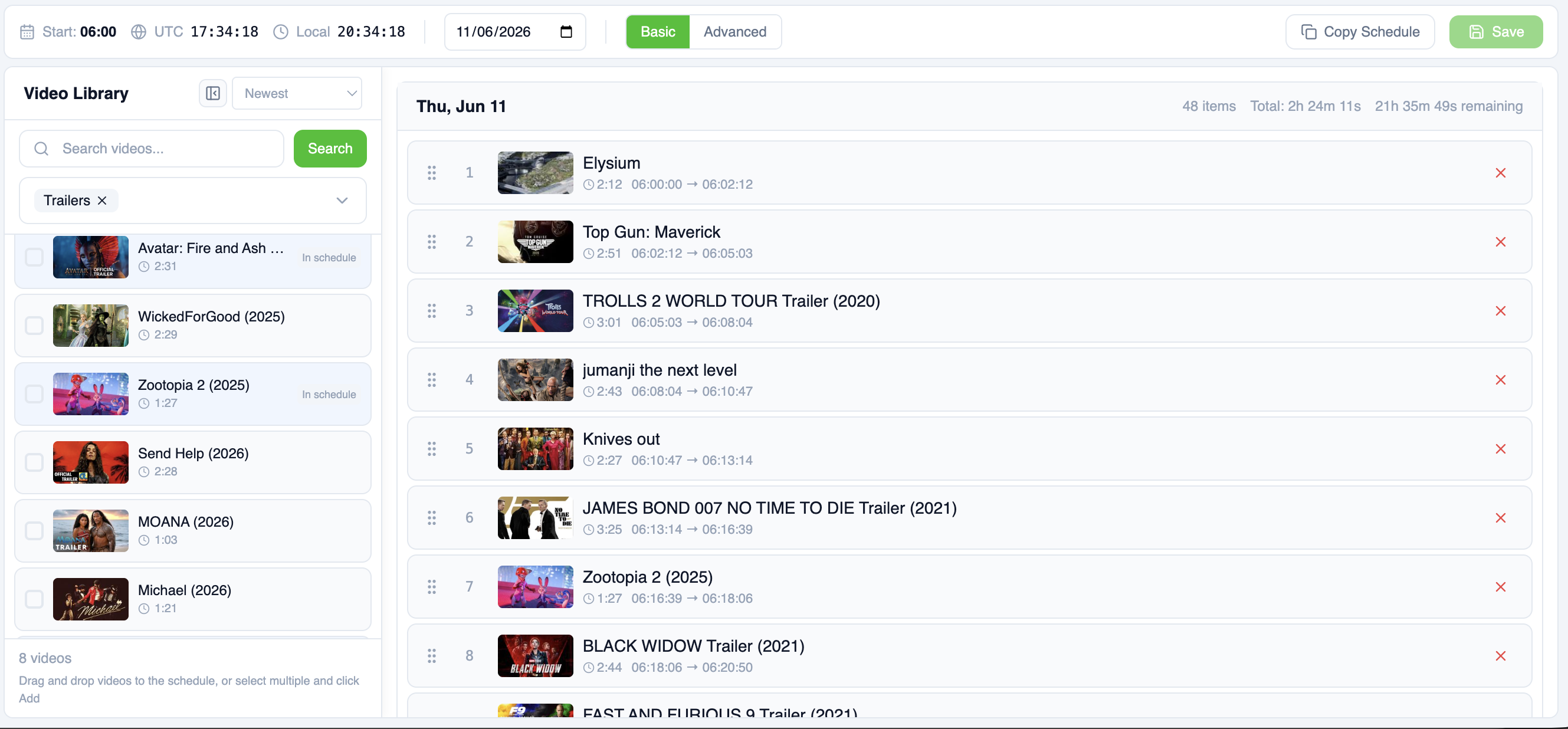 Basic channel scheduling view in Bamboo Cloud